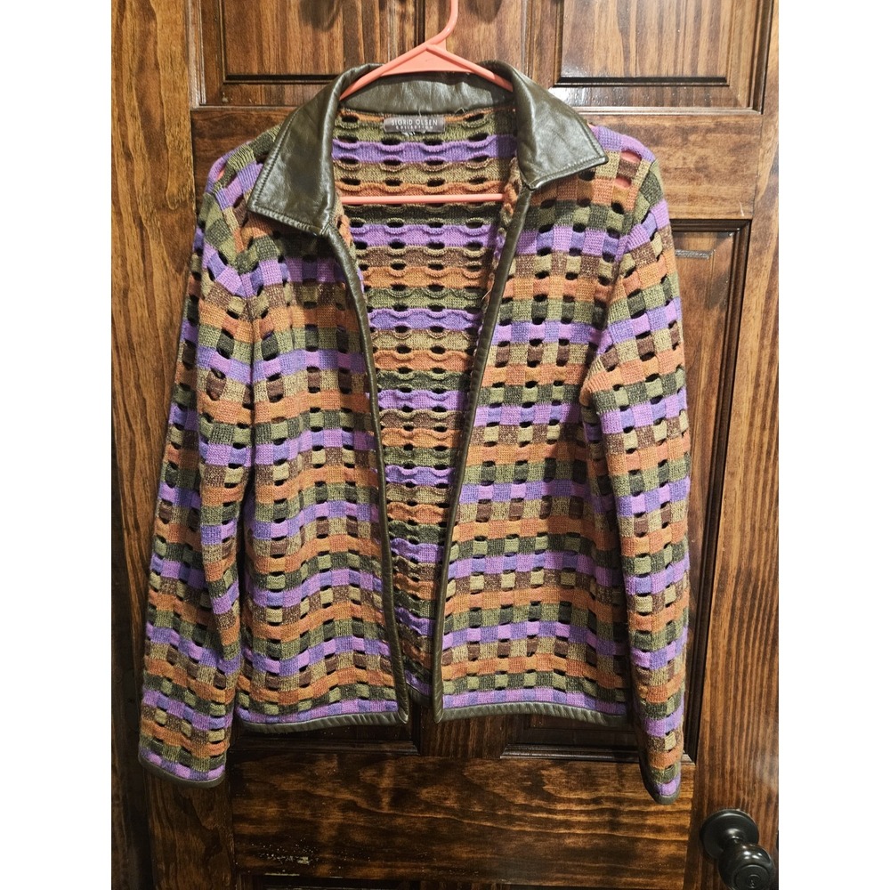 Sigrid Olsen Wool Cardigan Leather Collar Multicolor Basketweave Boho Small